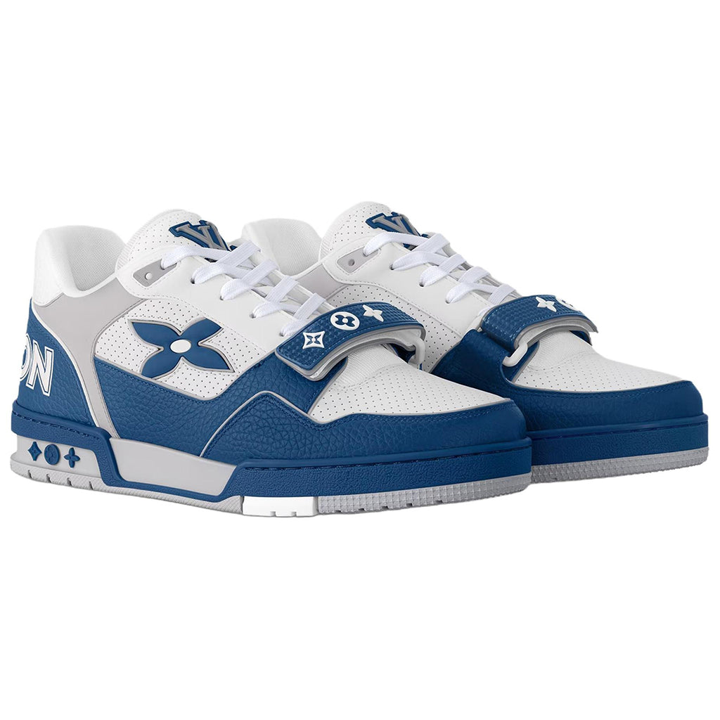 Louis Vuitton Trainer Men's Blue & White Calfskin Sneakers with Floral Motif
