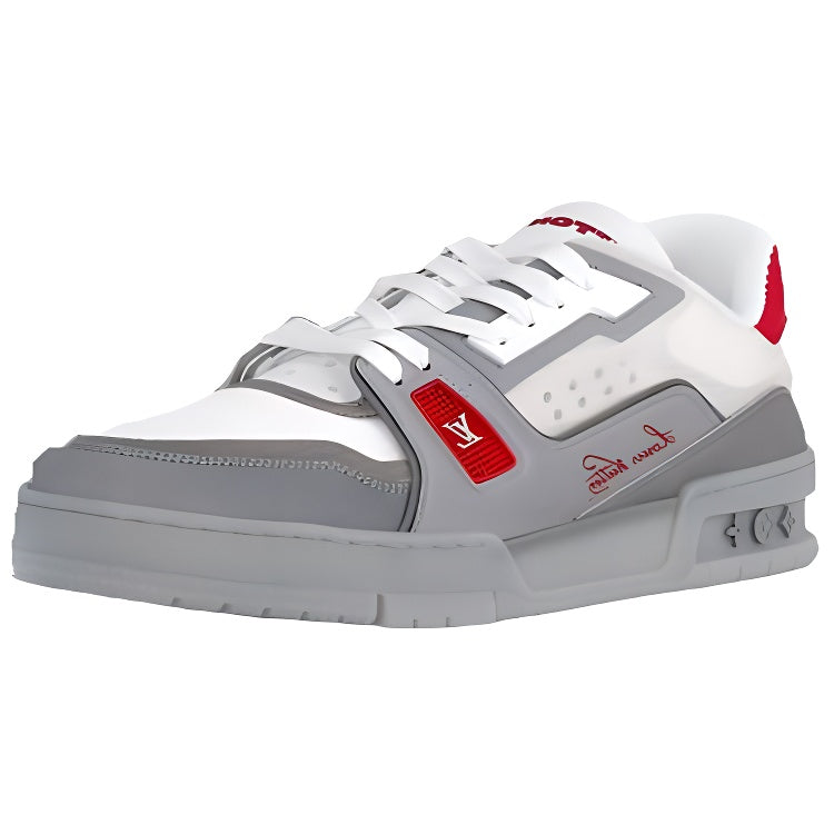 LOUIS VUITTON Trainer Unisex Grey & White Sneakers with Red Accents