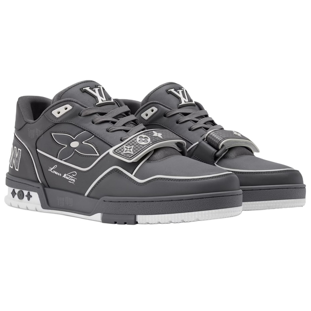 LOUIS VUITTON Trainer Men's Grey Calfskin Strap Sneakers