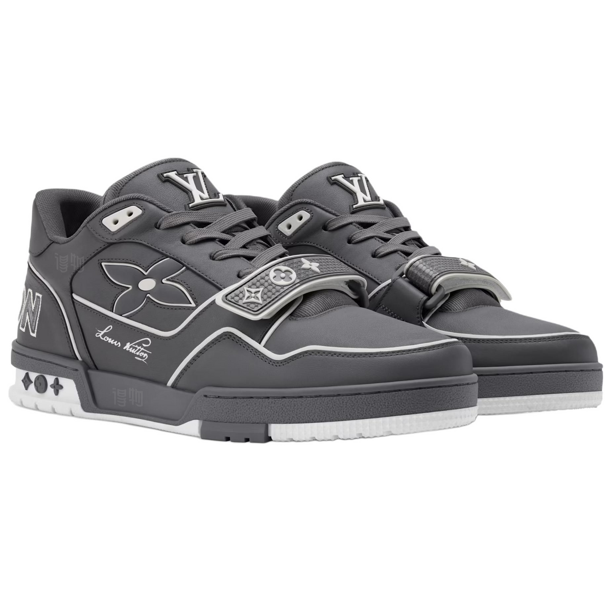 LOUIS VUITTON Trainer Men's Grey Calfskin Strap Sneakers