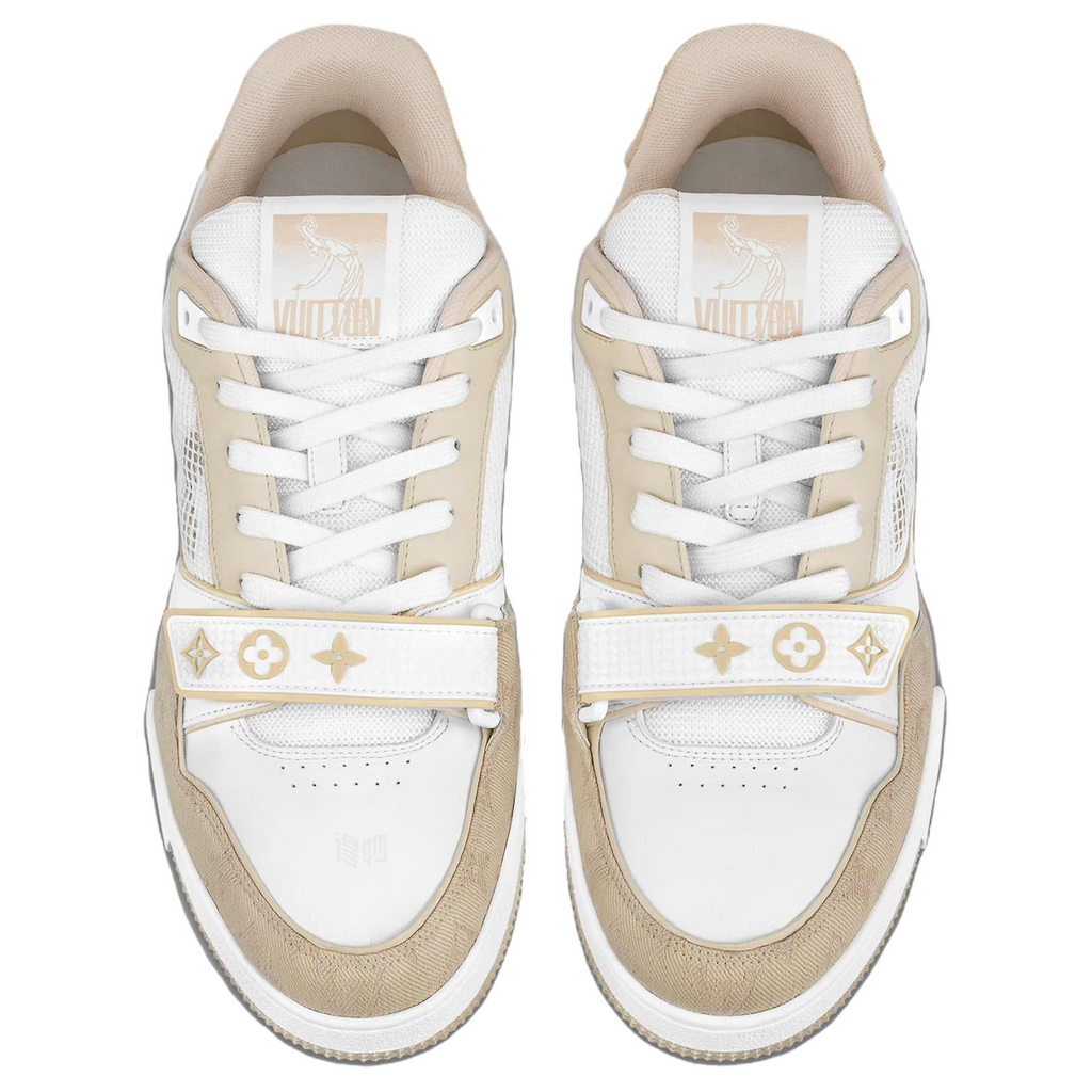 LOUIS VUITTON Trainer Men's Beige & White Leather Strap Sneakers