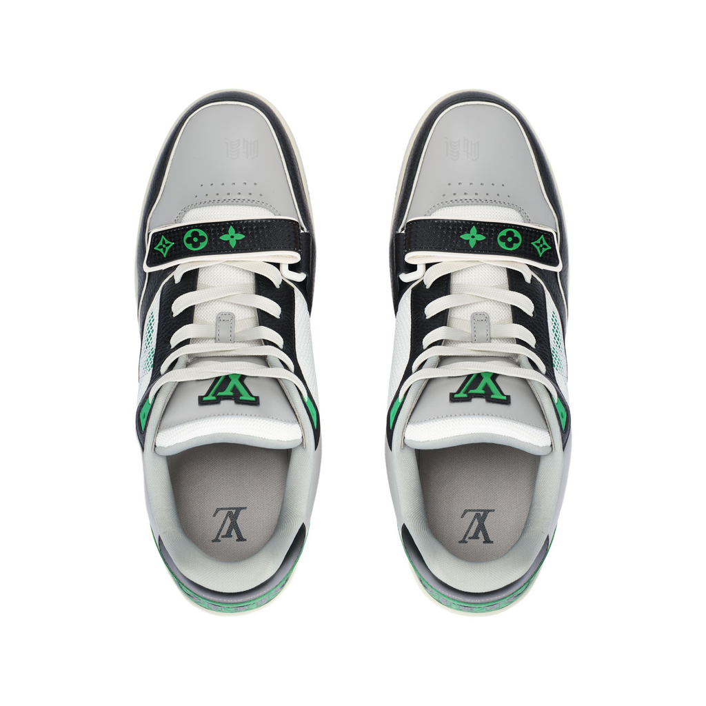 LOUIS VUITTON Trainer Men's Black & Grey Strap Sneakers with Green Accents