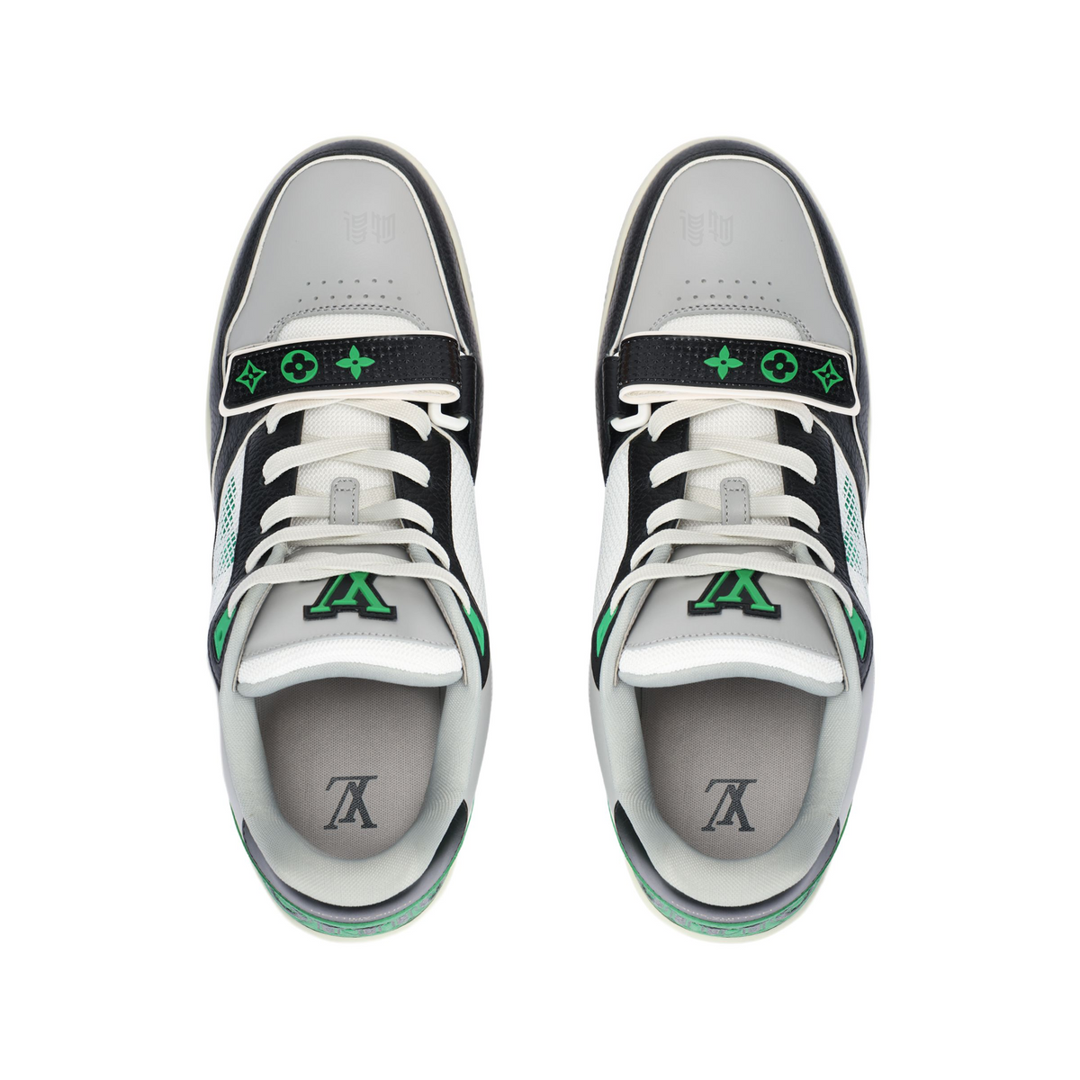 LOUIS VUITTON Trainer Men's Black & Grey Strap Sneakers with Green Accents
