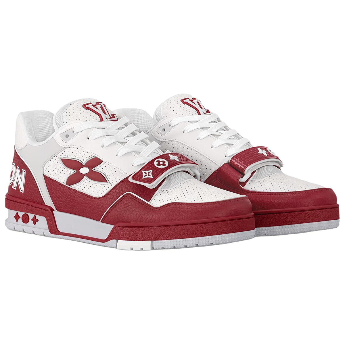 Louis Vuitton Trainer Men's Red & White Calfskin Sneakers with Floral Motif