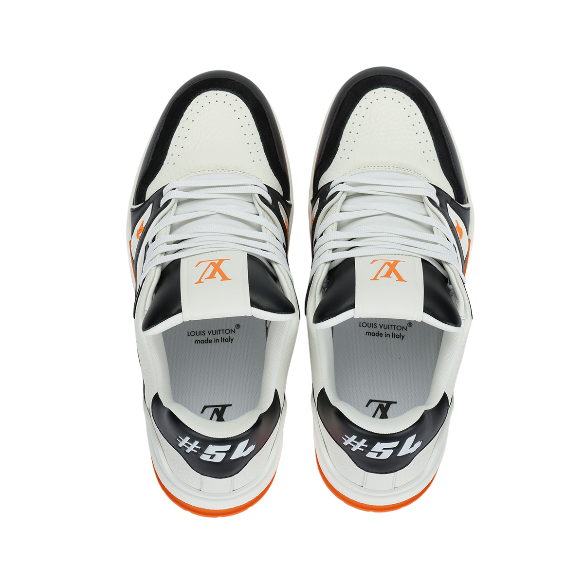 Louis Vuitton Trainer Men's Low-Top Leather Sneakers, Black & White with Orange Sole