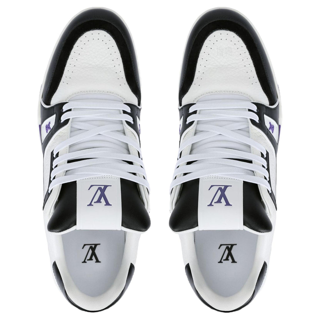Louis Vuitton Trainer Men's Low-Top Leather Sneakers, Black & White with Purple Sole