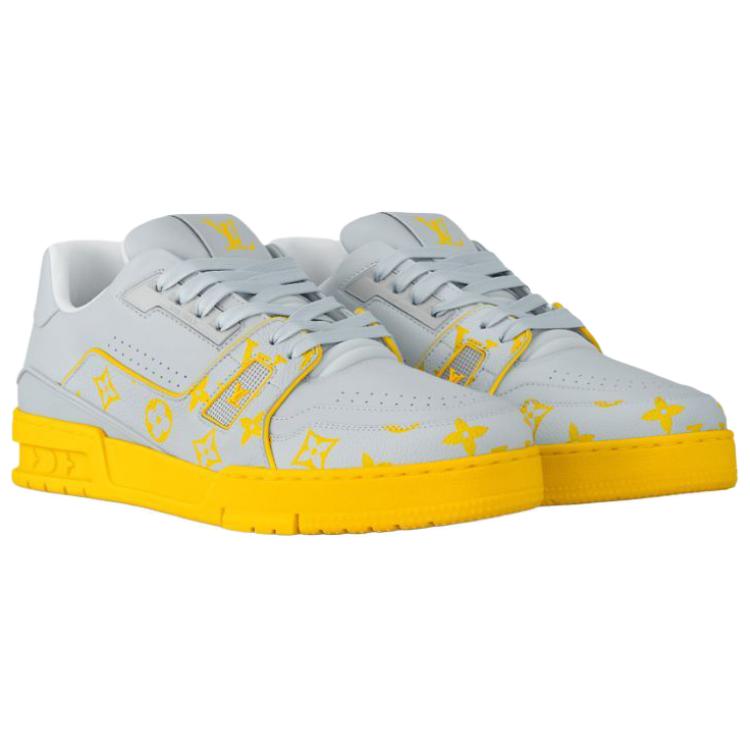 LOUIS VUITTON Trainer Men's Light Grey & Yellow Monogram Leather Sneakers