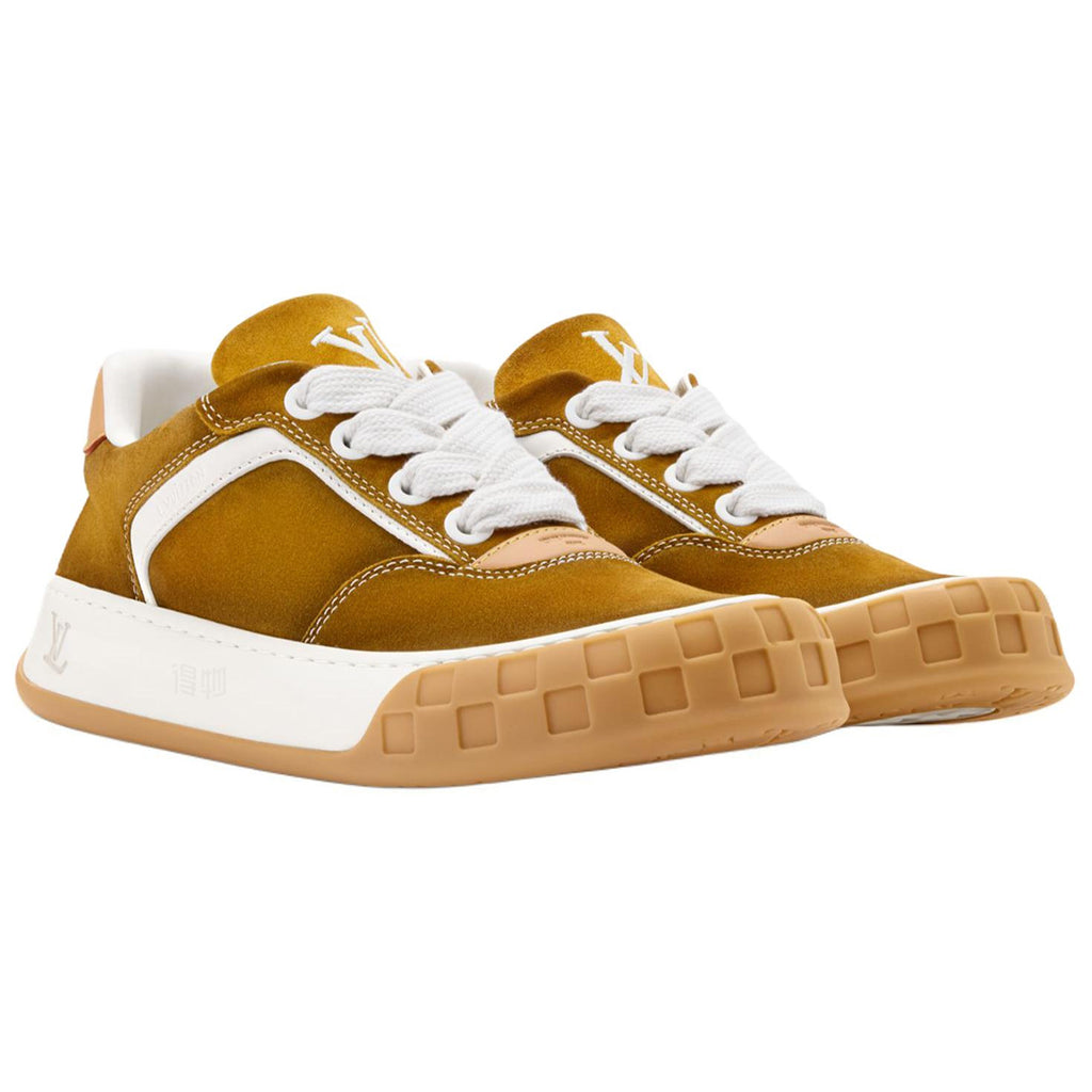 Louis Vuitton Tilted Unisex Ochre Suede Calfskin Sneakers with Gum Sole