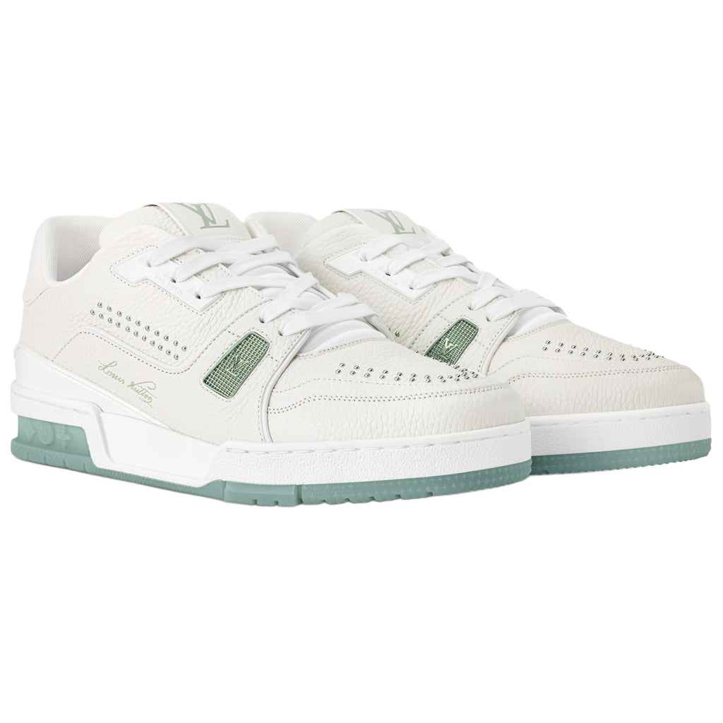 LOUIS VUITTON Trainer Women's White Leather Sneakers with Mint Green Sole