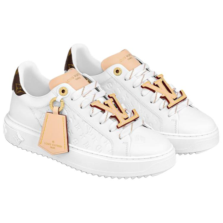 LOUIS VUITTON Time Out Women's White Leather Platform Sneakers with Tan Tag