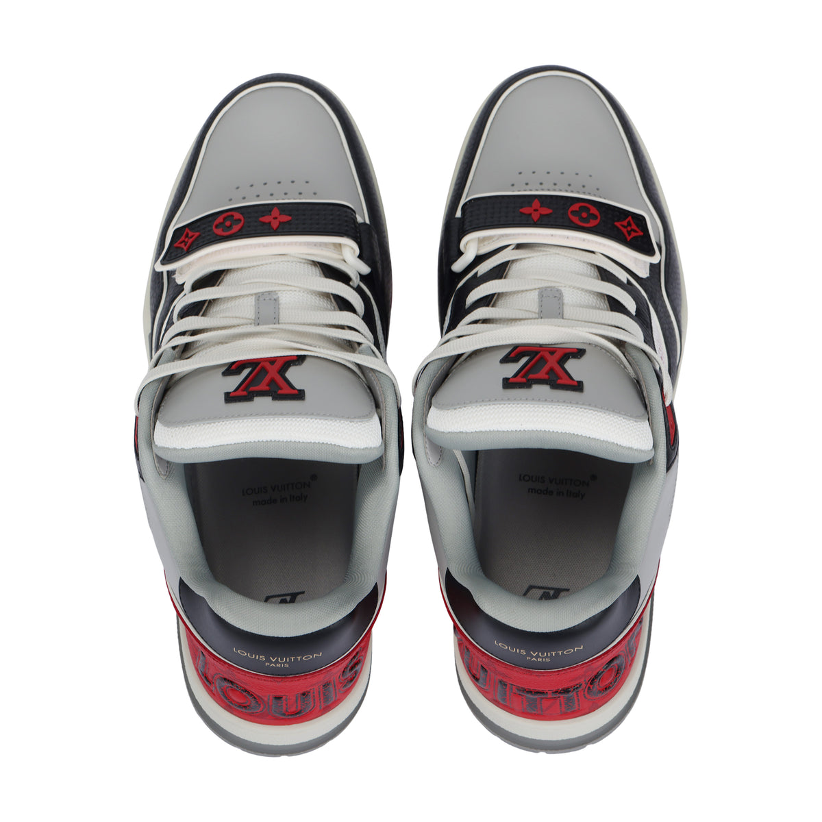 LOUIS VUITTON Trainer Men's Black & Grey Strap Sneakers with Red Accents