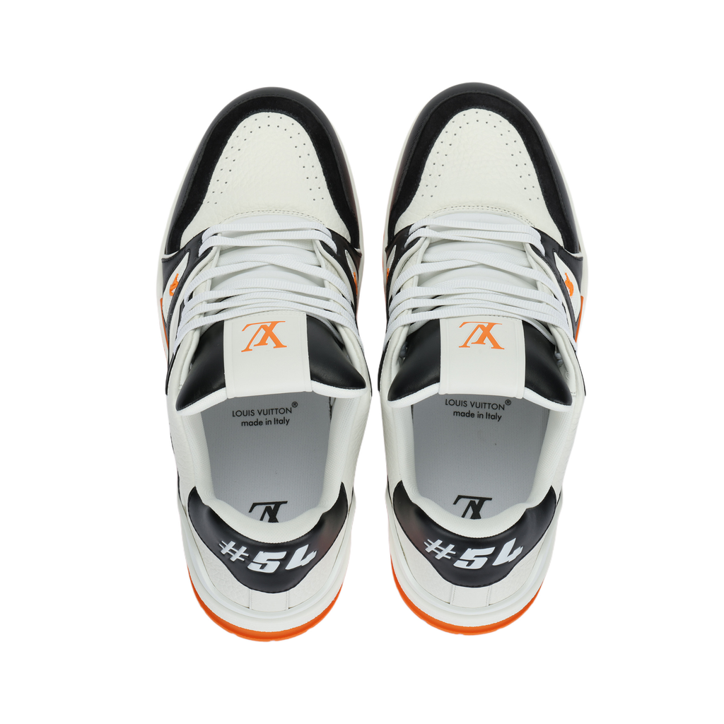 LOUIS VUITTON Trainer Men's Black & White Leather Sneakers with Orange Sole
