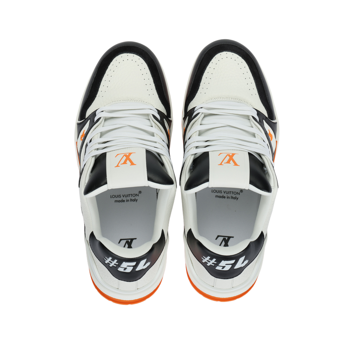 LOUIS VUITTON Trainer Men's Black & White Leather Sneakers with Orange Sole