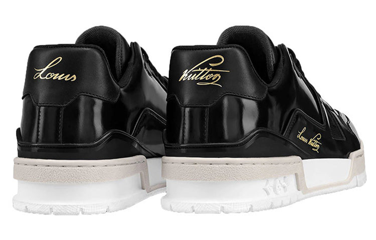 LOUIS VUITTON Trainer Men's Black Leather Sneakers with Cream & White Sole