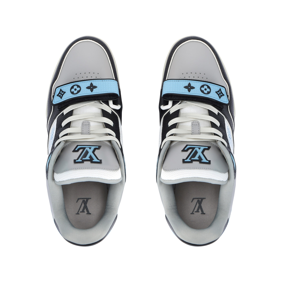 LOUIS VUITTON Trainer Men's Black & Grey Leather Sneakers with Light Blue Accents