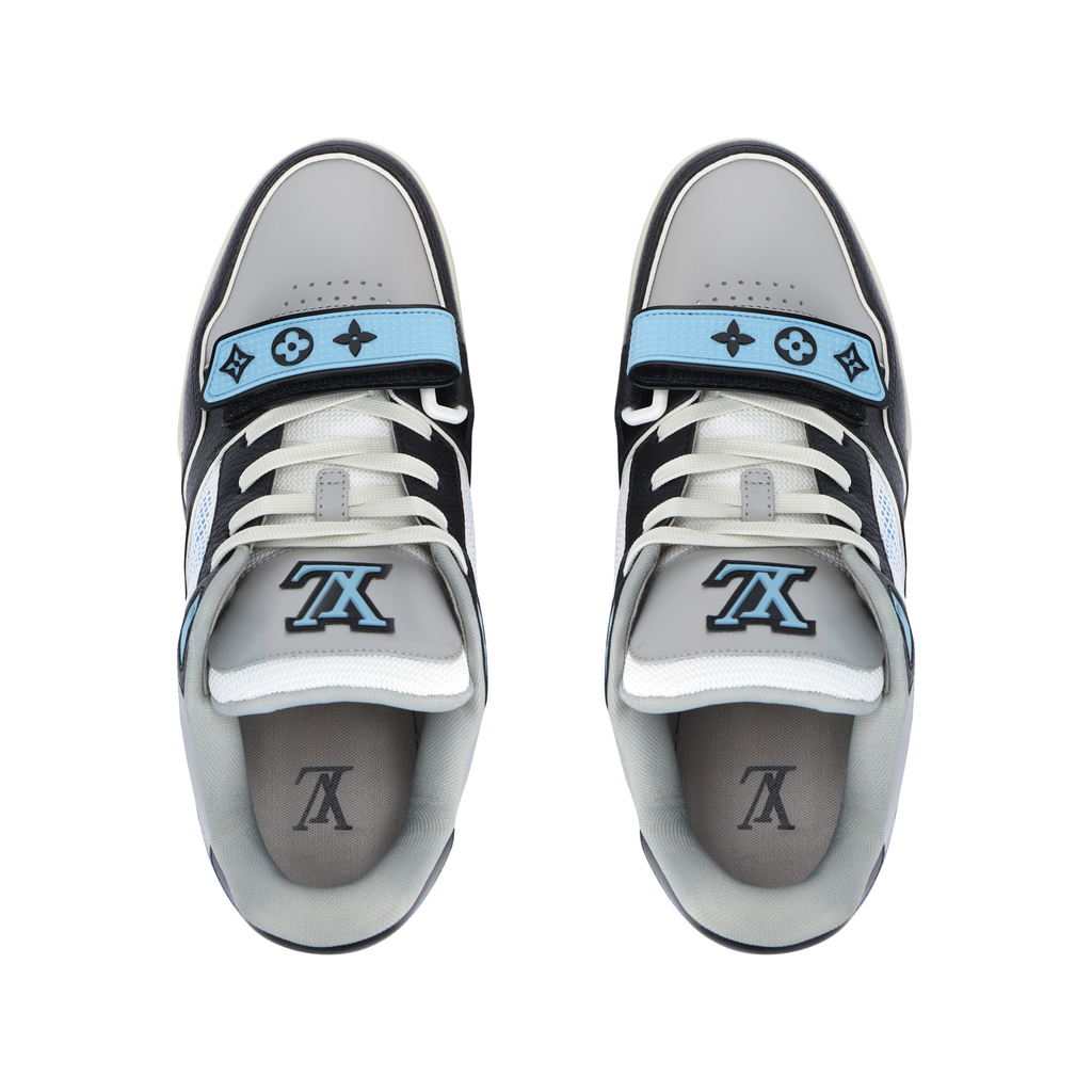 LOUIS VUITTON Trainer Men's Black & Grey Sneakers with Light Blue Accents