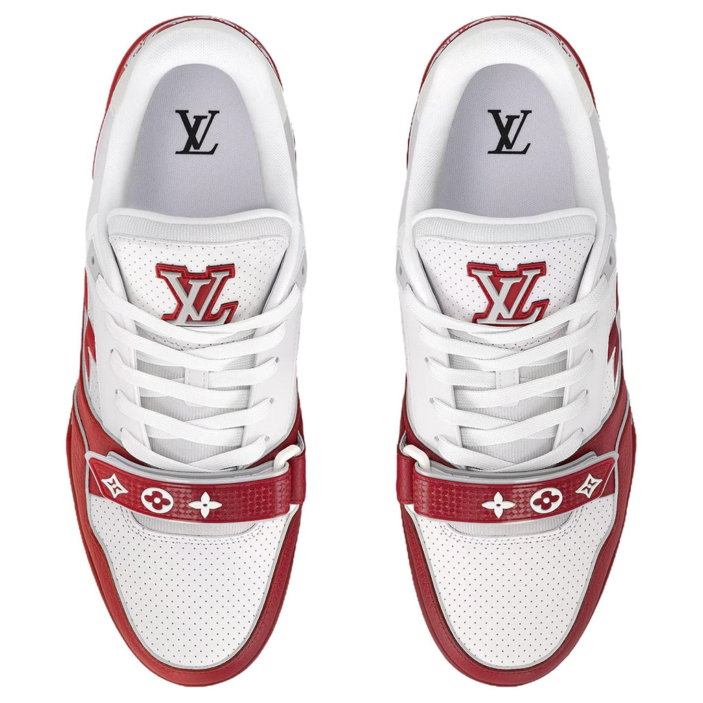 Louis Vuitton Trainer Men's Red & White Calfskin Sneakers with Floral Motif