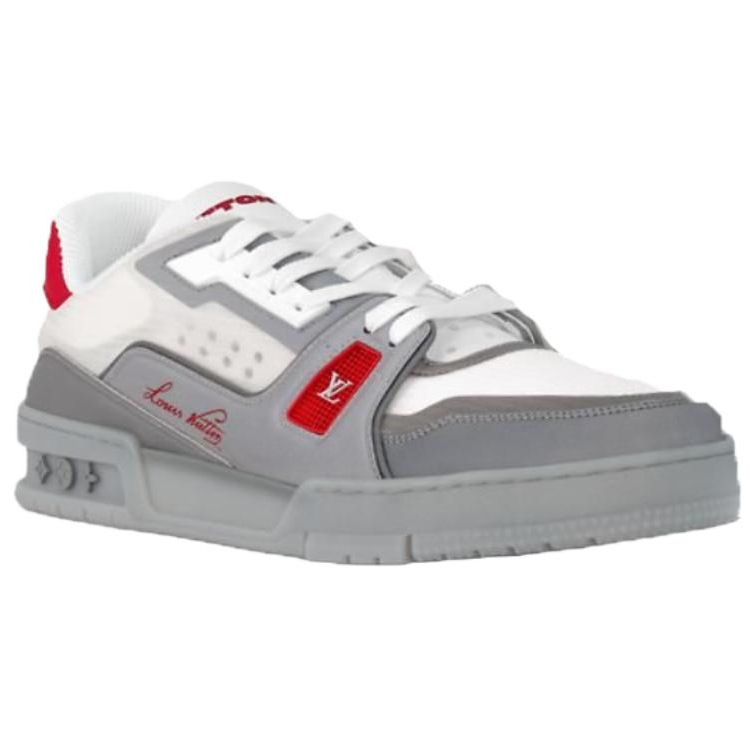 LOUIS VUITTON Trainer Unisex Grey & White Sneakers with Red Accents