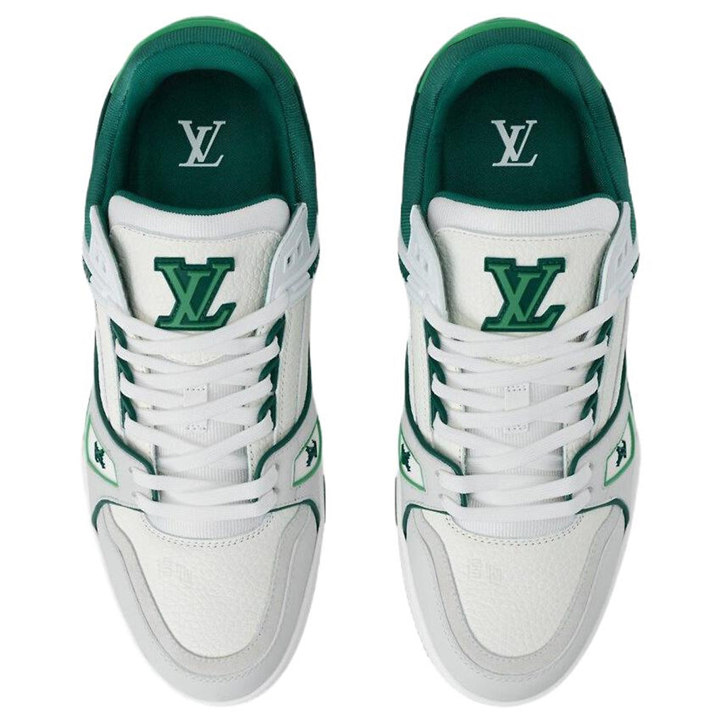 Louis Vuitton Trainer Men's White & Green Grained Calfskin Sneakers