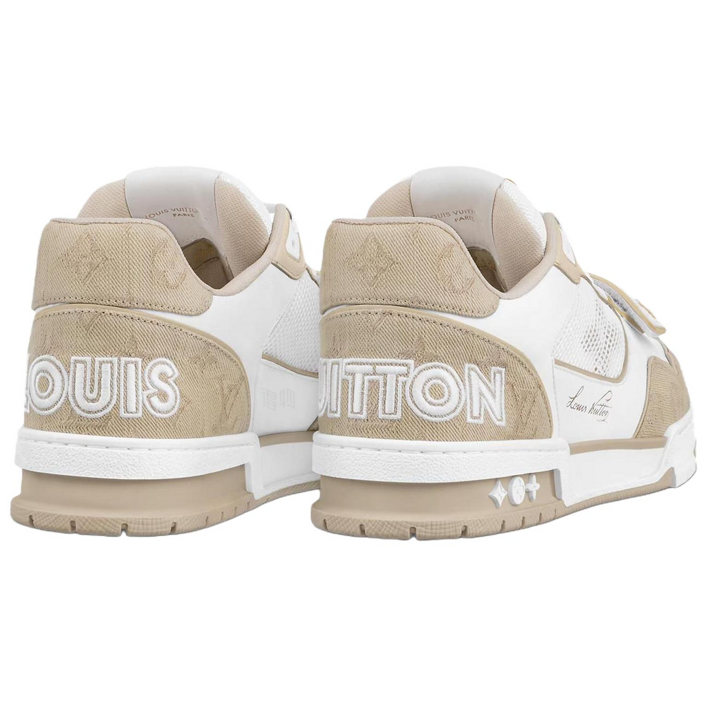 LOUIS VUITTON Trainer Men's Beige & White Leather Strap Sneakers