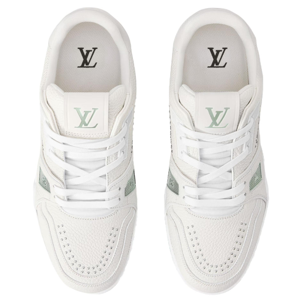 LOUIS VUITTON Trainer Women's White Leather Sneakers with Mint Green Sole