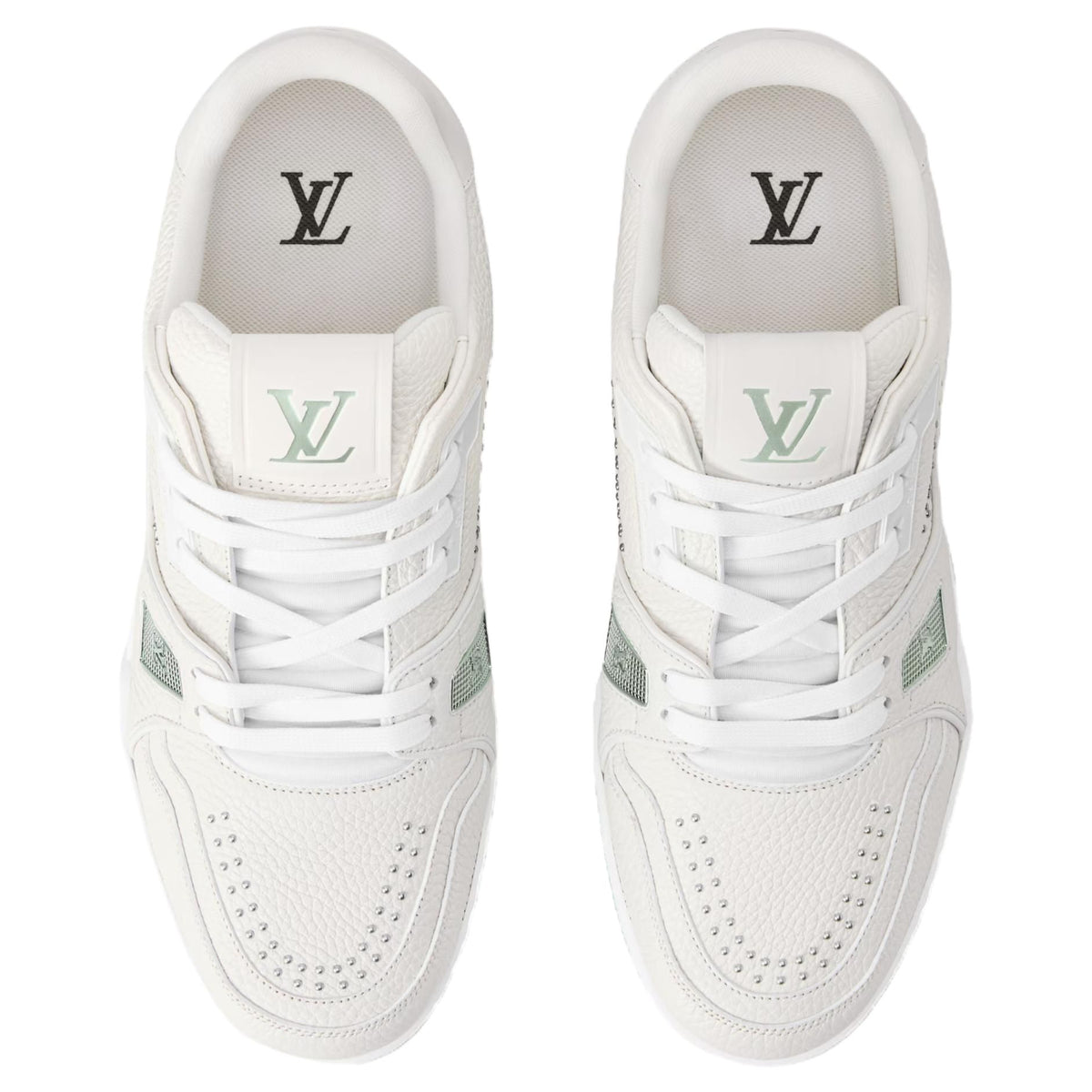 LOUIS VUITTON Trainer Women's White Leather Sneakers with Mint Green Sole