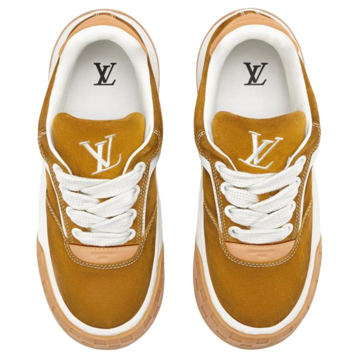 Louis Vuitton Tilted Unisex Ochre Suede Calfskin Sneakers with Gum Sole