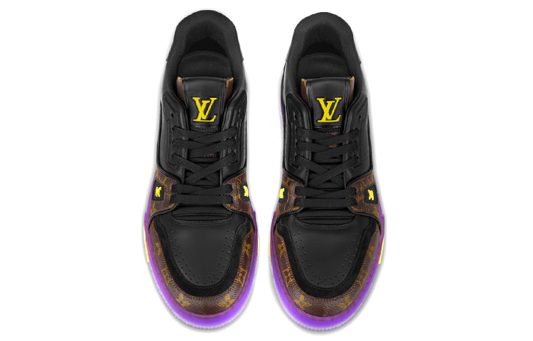 LOUIS VUITTON Trainer Men's Black & Brown Monogram Sneakers with Purple Sole