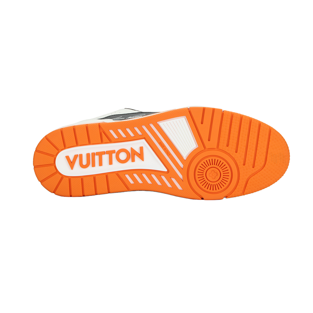 Louis Vuitton Trainer Men's Low-Top Leather Sneakers, Black & White with Orange Sole