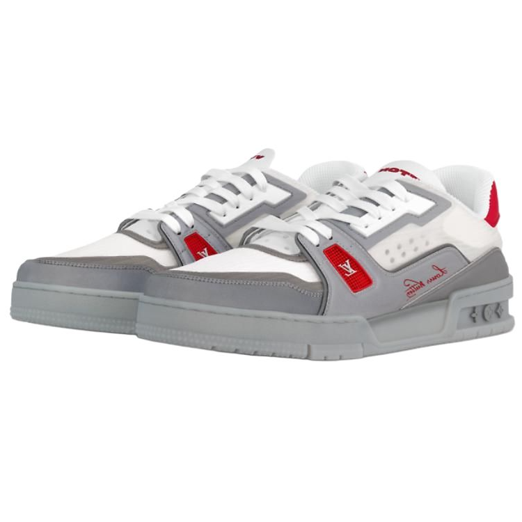 LOUIS VUITTON Trainer Unisex Grey & White Sneakers with Red Accents