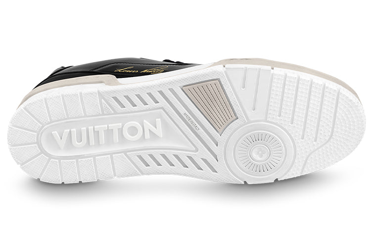 LOUIS VUITTON Trainer Men's Black Leather Sneakers with Cream & White Sole
