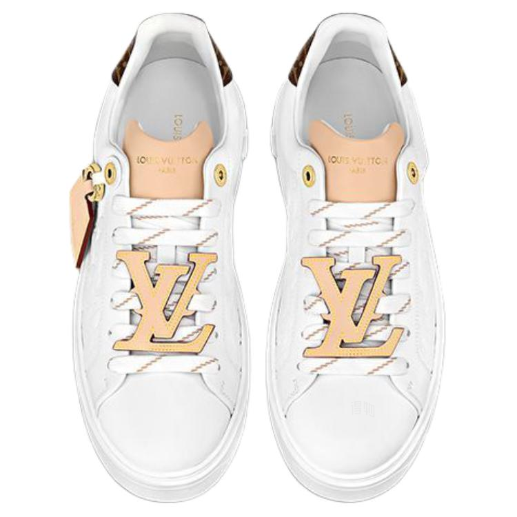 LOUIS VUITTON Time Out Women's White Leather Platform Sneakers with Tan Tag
