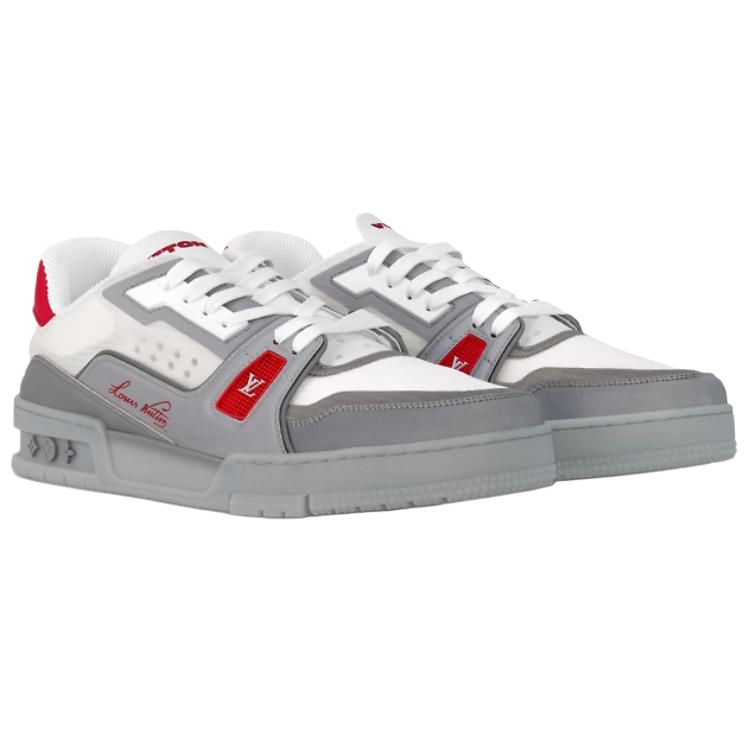 LOUIS VUITTON Trainer Unisex Grey & White Sneakers with Red Accents