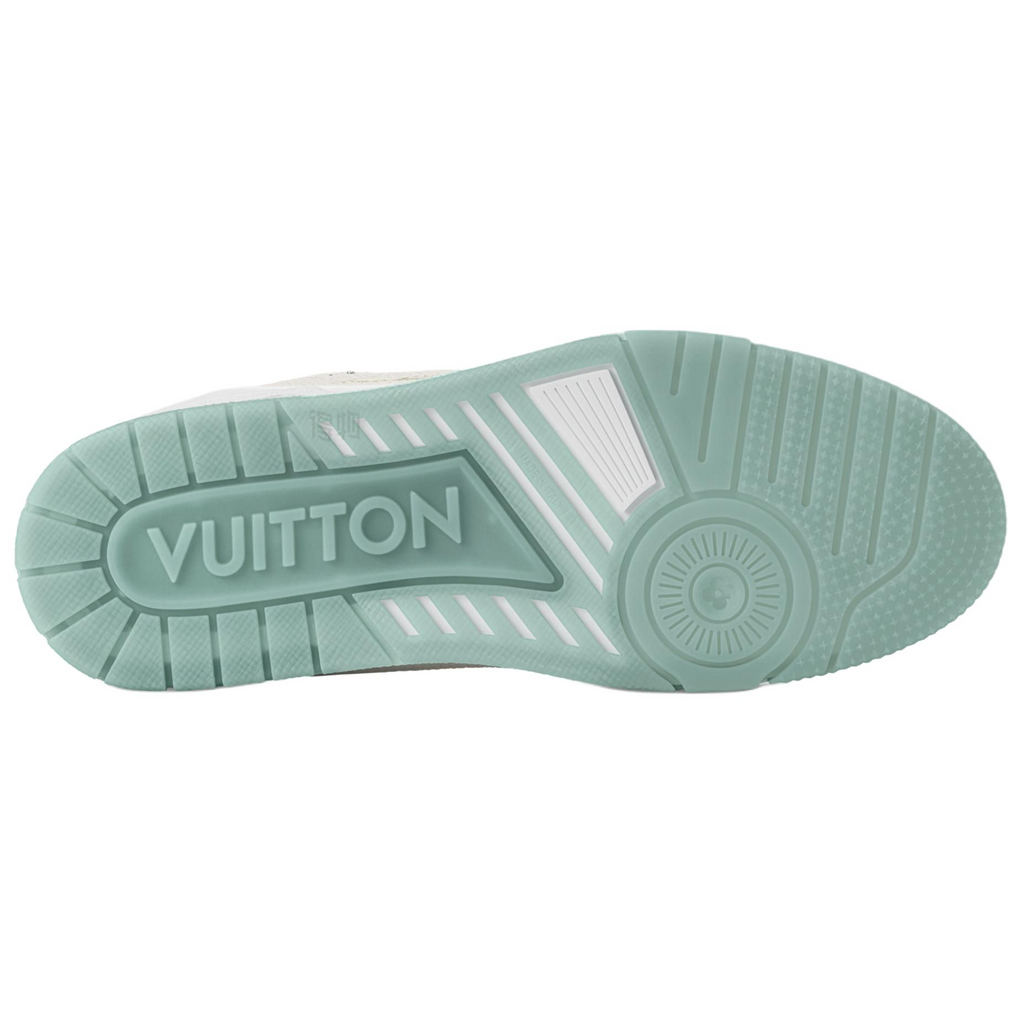 LOUIS VUITTON Trainer Women's White Leather Sneakers with Mint Green Sole