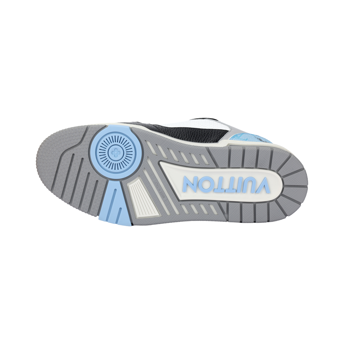 LOUIS VUITTON Trainer Men's Black & Grey Leather Sneakers with Light Blue Accents